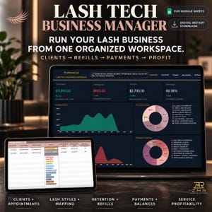 May include: A digital Lash Tech Business Manager dashboard displayed on a laptop and tablet screen. The interface features financial metrics, income graphs, pie charts for service categories, and a client appointment tracker for lash business management.
