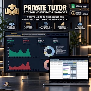 Könnte beinhalten: Ein digitales Dashboard für Privatlehrer und Tutoring-Business-Management auf einem Computermonitor und Laptop-Bildschirm. Die Benutzeroberfläche zeigt Finanzdiagramme und Verwaltungstools für Google Sheets.