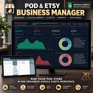 May include: A digital business management tool for POD and Etsy sellers displayed on a computer monitor and tablet. The interface shows financial dashboards, revenue charts, profit margins, and order tracking spreadsheets in a dark mode layout.