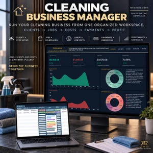 May include: A digital cleaning business manager template for Google Sheets displayed on a computer monitor and laptop screen. The interface shows financial dashboards, client lists, job tracking, and profit metrics with charts and data tables.