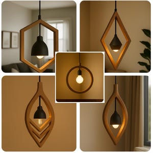 Puede incluir: Una colección de lámparas colgantes modernas con marcos de madera en varias formas geométricas. Cada lámpara presenta una pantalla negra y una bombilla cálida y brillante. Los diseños incluyen formas hexagonales, de diamante, de círculo y de lágrima, mostrando una estética minimalista.