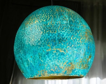 Handmade blue patina dome pendant light - brass hanging lamp for modern and vintage interiors - custom dome lighting fixture