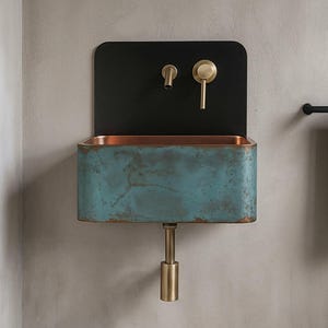 Wall Mounted Patina Copper Bathroom Sink with Faucet Option, Industrial Vanity Basin with Backplate and P-Trap for Modern Decor