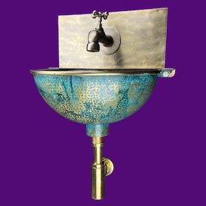 Brass wall mounted bathroom sink - green patina brass basin with faucet for stylish interiors - handcrafted wall mounted sink
