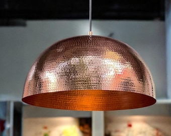 Solid copper dome pendant light - oxidized copper ceiling light fixture for kitchen and dining room - hand-hammered pendant light