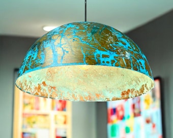 Handmade blue patina copper dome pendant light - copper hanging lamp for modern and vintage interiors - custom chandelier lighting fixture