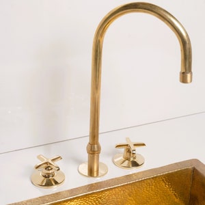 Vintage Unlacquered Brass Bathroom Faucet 3-Hole | Handmade Deck Mount Sink Tap | Raw Brass Kitchen Fixture Antique Style