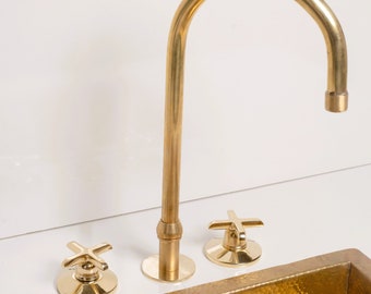 Vintage Unlacquered Brass Bathroom Faucet 3-Hole | Handmade Deck Mount Sink Tap | Raw Brass Kitchen Fixture Antique Style