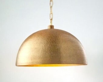 Hammered solid brass dome pendant light , elegant hanging ceiling fixture , gold accent home decor for kitchen islands and dining areas