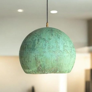Handmade green patina dome pendant light - brass hanging lamp for modern and vintage interiors - custom dome lighting fixture
