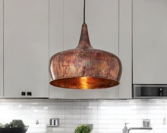 Vintage Green Patina Copper Pendant Light | Kitchen Island Dome Lighting Fixture | Farmhouse Copper Lampshade, Oxidized Copper pendant light