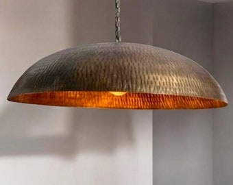 Handmade hammered antique brass dome pendant light - solid brass oxide ceiling lamp with moroccan charm , Island kitchen handmade dome