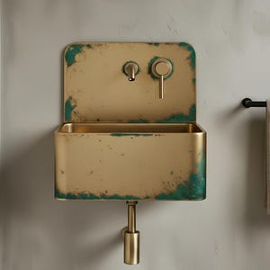 Wall Mounted Patina Brass Bathroom Sink with a hot and cold water Faucet Option, Industrial Vanity Basin for Modern Decor - Powder room sink