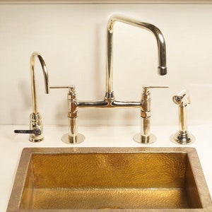 Unlacquered Brass Kitchen Bridge Faucet Set with Sprayer & Water Filter | Farmhouse Sink Fixture - Vintage Style Kitchen Faucet Set