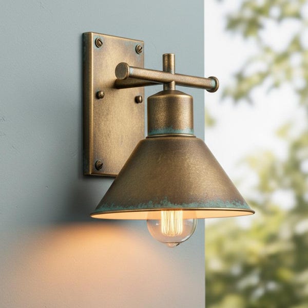 Antique brass outdoor wall sconce with patina detail - Modern Scandinavian waterproof porch light - Handcrafted exterior wall fixture
