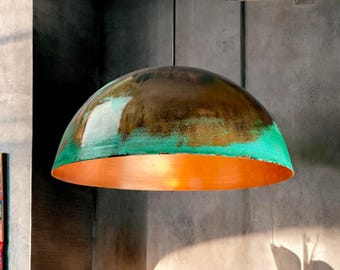 Green patina copper ceiling light - Kitchen island pendant lights - oxidized farmhouse copper dome light - copper patina pendant light