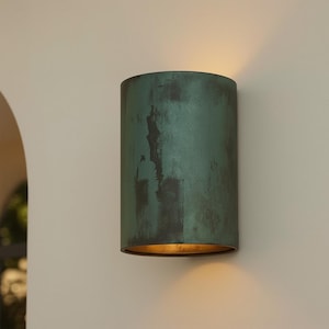 Oxidized copper outdoor wall sconce with green patina - modern scandinavian porch light - Farmhouse exterior light fixture