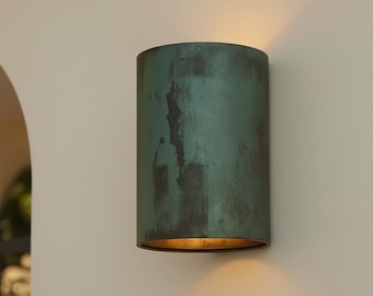 Oxidized copper outdoor wall sconce with green patina - modern scandinavian porch light - Farmhouse exterior light fixture
