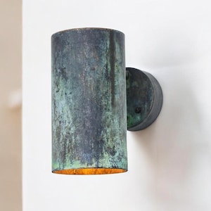 Oxidized copper outdoor wall sconce with green patina - modern scandinavian porch light - handcrafted waterproof exterior light fixture