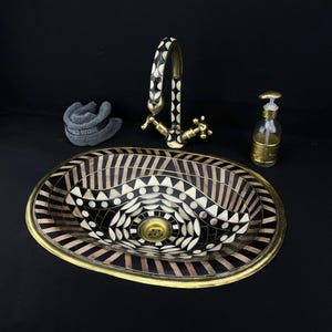 Unlacquered Brass Faucet and Sink - Eye Shape Brass Drop-in Sink with Resin and Wood Accents - Free Pop-Up Drain Included