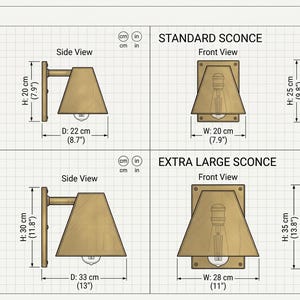 May include: A technical diagram showing four brass-colored wall sconces in small, standard, large, and extra-large sizes. Each sconce features a front and side view with dimensions in inches and centimeters, including heights from 7.9 to 13.8 inches.