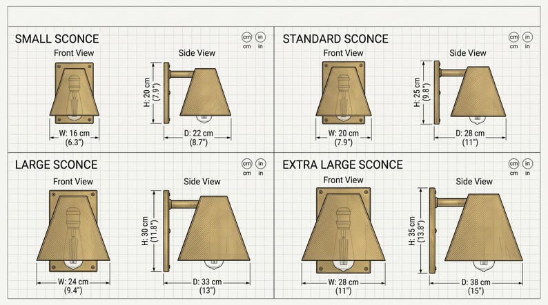 May include: A technical diagram showing four brass-colored wall sconces in small, standard, large, and extra-large sizes. Each sconce features a front and side view with dimensions in inches and centimeters, including heights from 7.9 to 13.8 inches.