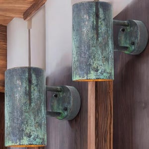 Set of 2 outdoor copper sconce lights, green patina wall pendant lights, oxidized copper lights, cylinder pendant lights, outdoor sconces