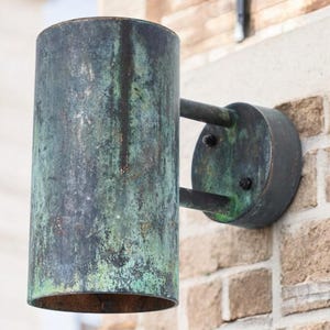 Set of 3 outdoor copper sconce lights , green patina wall pendant light , oxidized copper lights , cylinder pendant light , outdoor sconces