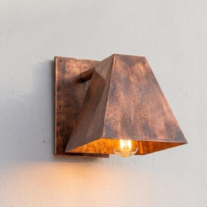 Oxidized copper outdoor wall sconce with aged patina - modern scandinavian porch light - handcrafted waterproof exterior light fixture