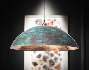 Handmade blue patina dome pendant light - pure copper hanging lamp for modern and vintage interiors - custom dome lighting fixture