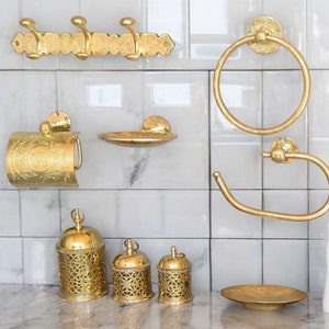 Conjunto completo de acessórios de banheiro de latão maciço, decoração de banheiro de latão sem laca, pacote de acessórios de banheiro de latão feitos à mão
