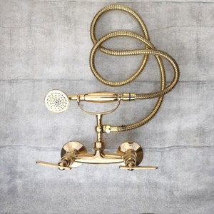 Unlacquered brass shower system with telephone hand shower , wall mount unlacquered brass shower handheld , brass bathtub faucet