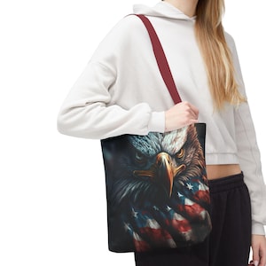 Proud Eagle American Flag Tote Bag | Patriotic Reusable Bag, Gift for Veterans, Independence Day, Memorial Day, Everyday Use
