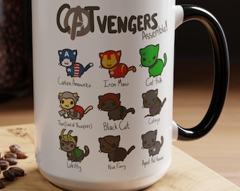 Catvengers Mug, Purrfect for Avengers fans, Cat Coffee Mug 11, 15oz Gift, Ceramic Tea Cup, Cute Animal Lover Kitchen Decor, Pop Culture Fan