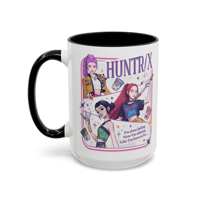 Huntrix Kpop Demon Hunters Inspired Coffee Mug, Rumi Zoey Mira Design, 11oz, 15oz, Gift for Kpop Fans, Unique Mug, Coffee Lover Gift, Black
