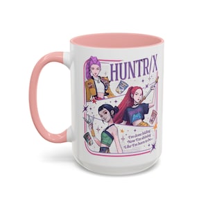 Huntrix Kpop Demon Hunters Inspired Coffee Mug, Rumi Zoey Mira Design, 11oz, 15oz, Gift for Kpop Fans, Unique Mug, Coffee Lover Gift, Pink