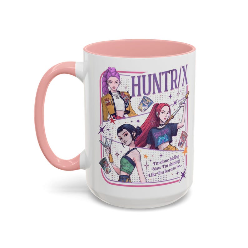 Huntrix Kpop Demon Hunters Inspired Coffee Mug, Rumi Zoey Mira Design, 11oz, 15oz, Gift for Kpop Fans, Unique Mug, Coffee Lover Gift, Pink