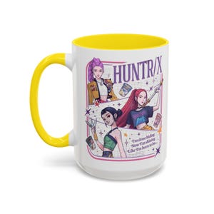 Huntrix Kpop Demon Hunters Inspired Coffee Mug, Rumi Zoey Mira Design, 11oz, 15oz, Gift for Kpop Fans, Unique Mug, Coffee Lover Gift, Yellow