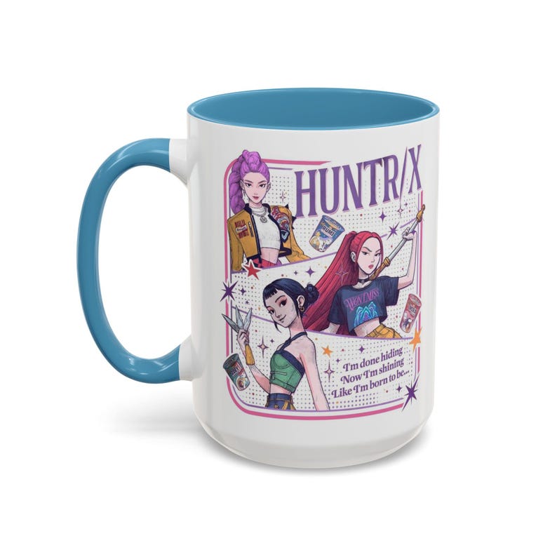 Huntrix Kpop Demon Hunters Inspired Coffee Mug, Rumi Zoey Mira Design, 11oz, 15oz, Gift for Kpop Fans, Unique Mug, Coffee Lover Gift, Light Blue