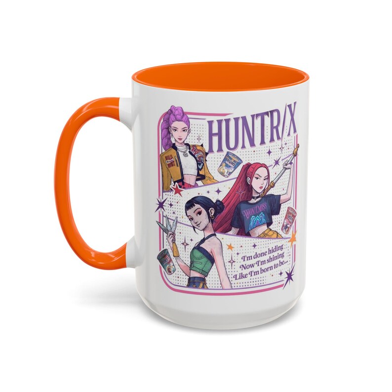 Huntrix Kpop Demon Hunters Inspired Coffee Mug, Rumi Zoey Mira Design, 11oz, 15oz, Gift for Kpop Fans, Unique Mug, Coffee Lover Gift, Orange