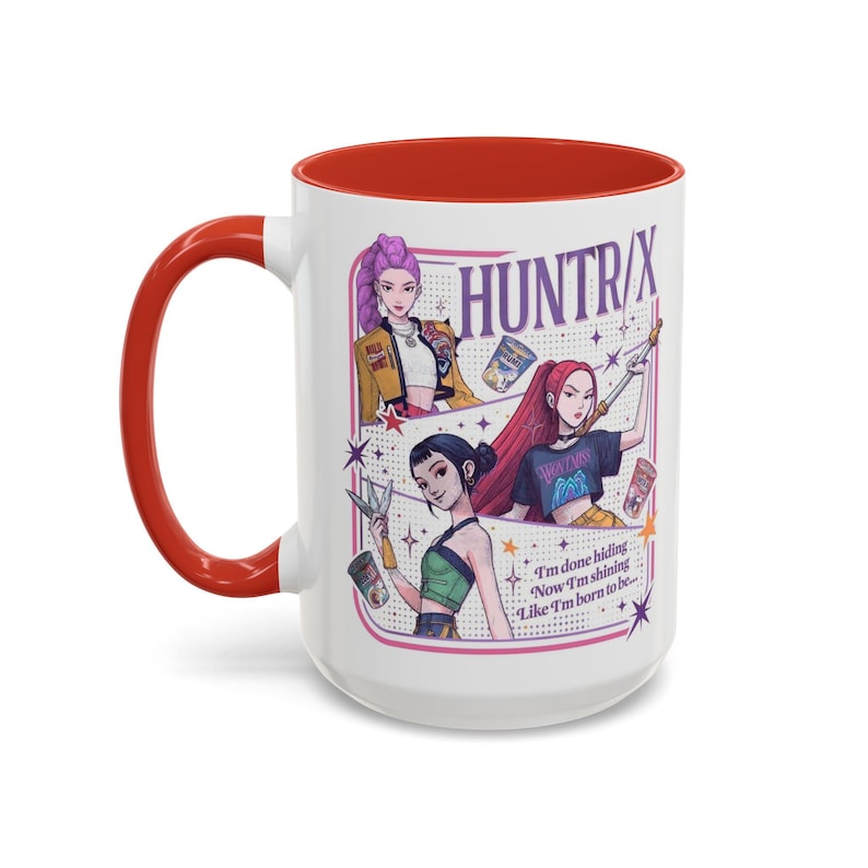 Huntrix Kpop Demon Hunters Inspired Coffee Mug, Rumi Zoey Mira Design, 11oz, 15oz, Gift for Kpop Fans, Unique Mug, Coffee Lover Gift, Red