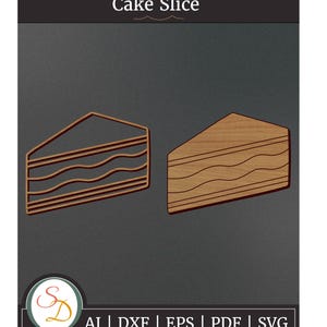 May include: Two wooden cake slice designs. One is an outline, the other is filled in. The text "Cake Slice" is at the top. The bottom of the image has the text "AI | DXF | EPS | PDF | SVG".