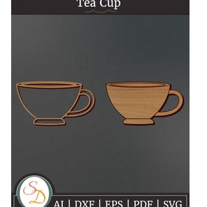 May include: Two teacups, one in black and one in brown woodgrain, are shown against a dark gray background. The text "Tea Cup" is at the top of the image.