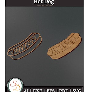 May include: Two brown outline hot dog illustrations on a dark gray background. The text "Hot Dog" is at the top of the image.