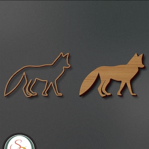May include: Two silhouette images of a fox, one in brown and one in black. The fox is facing right and has a bushy tail. The images are on a gray background. AI | DXF | EPS | PDF | SVG