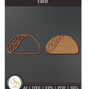 May include: A digital cut file design of a taco, perfect for crafting projects. The design is available in AI, DXF, EPS, PDF, and SVG formats.