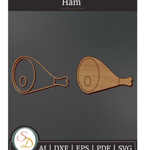 May include: A digital design file for a ham silhouette. The design is available in AI, DXF, EPS, PDF, and SVG formats.