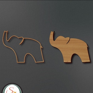 May include: Two elephant silhouettes, one in black and one in wood grain, are shown against a dark gray background. The text "Elephant" is at the top of the image. The text "AI | DXF | EPS | PDF | SVG" is at the bottom of the image.