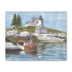 Impresión en lienzo, decoración de pared con acuarela del faro de Pumpkin Island, pintura estirada mate, decoración costera para el hogar, regalo náutico, Maine