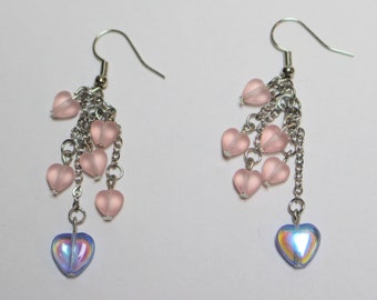 Pink and Blue Heart Dangle Earrings